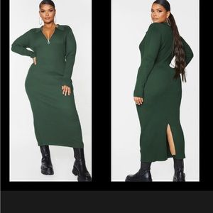 PRETTY LITTLE THING Plus Olive Half Zip Collared Detail Midaxi Dress SZ XL  *NEW